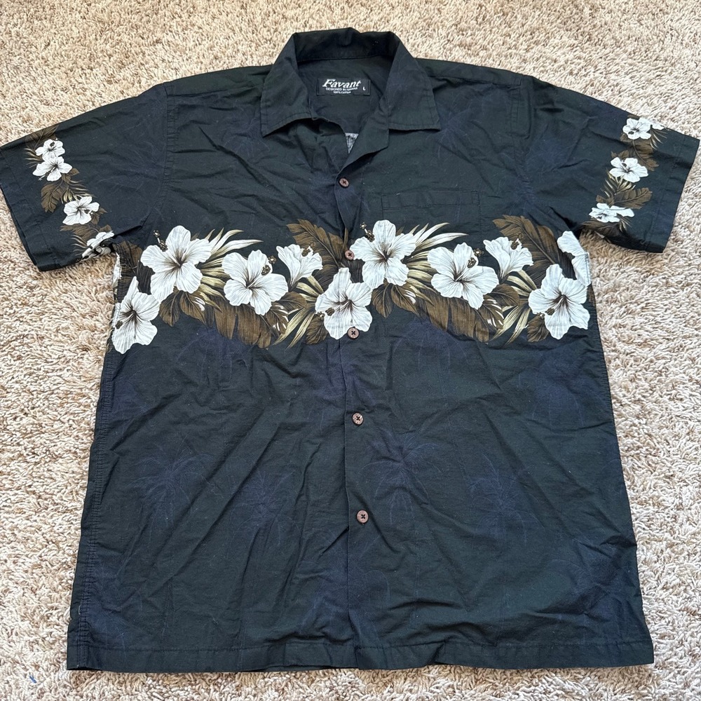 Favant Mens Hawaiian Shirt Black Hibiscus Floral Border Print Cotton Large